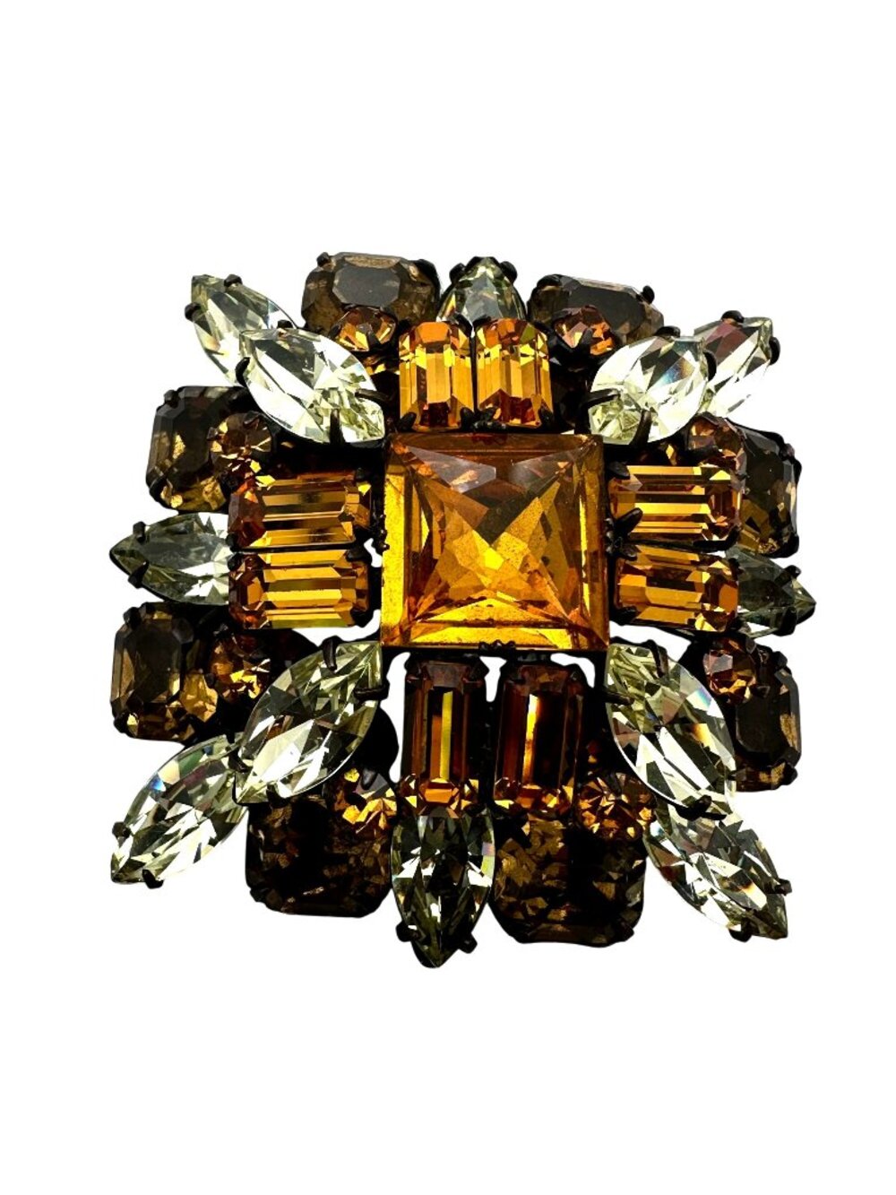 Vintage Unsigned Schreiner New York Brooch Pin Yellow Amber Glass Rhinestone